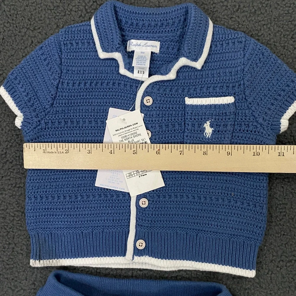 Ralph Lauren Crochet Camp Shirt Set Baby 9 Months Blue 2 Piece Knit Preppy